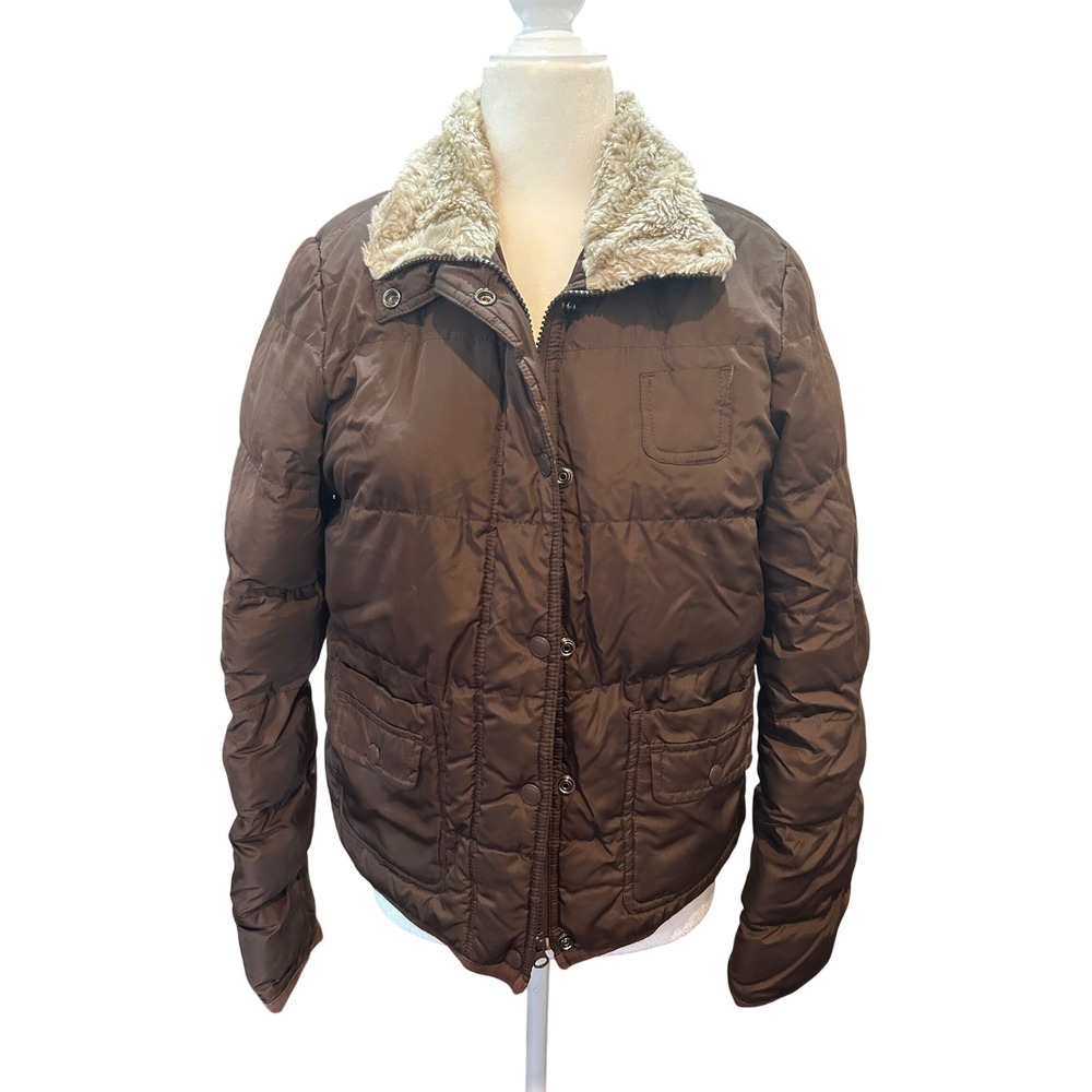 Brown Puffer Jacket Fur Collar Button Up Quilted Coat‎ Medium M